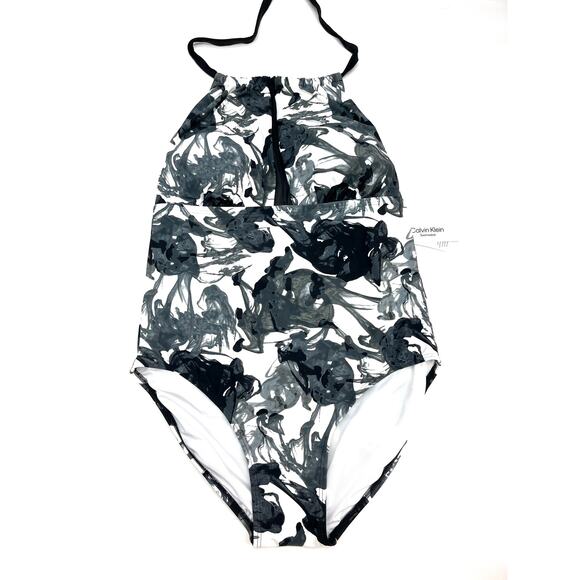 Calvin Klein Mesh-Inset Halter Neck One Piece Black Smoke Swimsuit 16 NWT - Picture 3 of 6